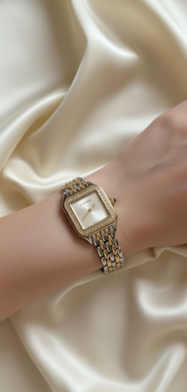 Montre bicolore style Cartier – Cadran carré strass – Acier inoxydable