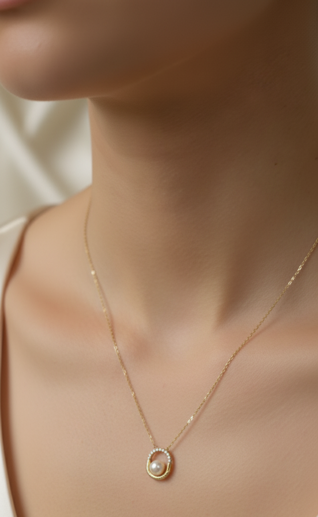 Collier doré – pendentif anneau perle – AG