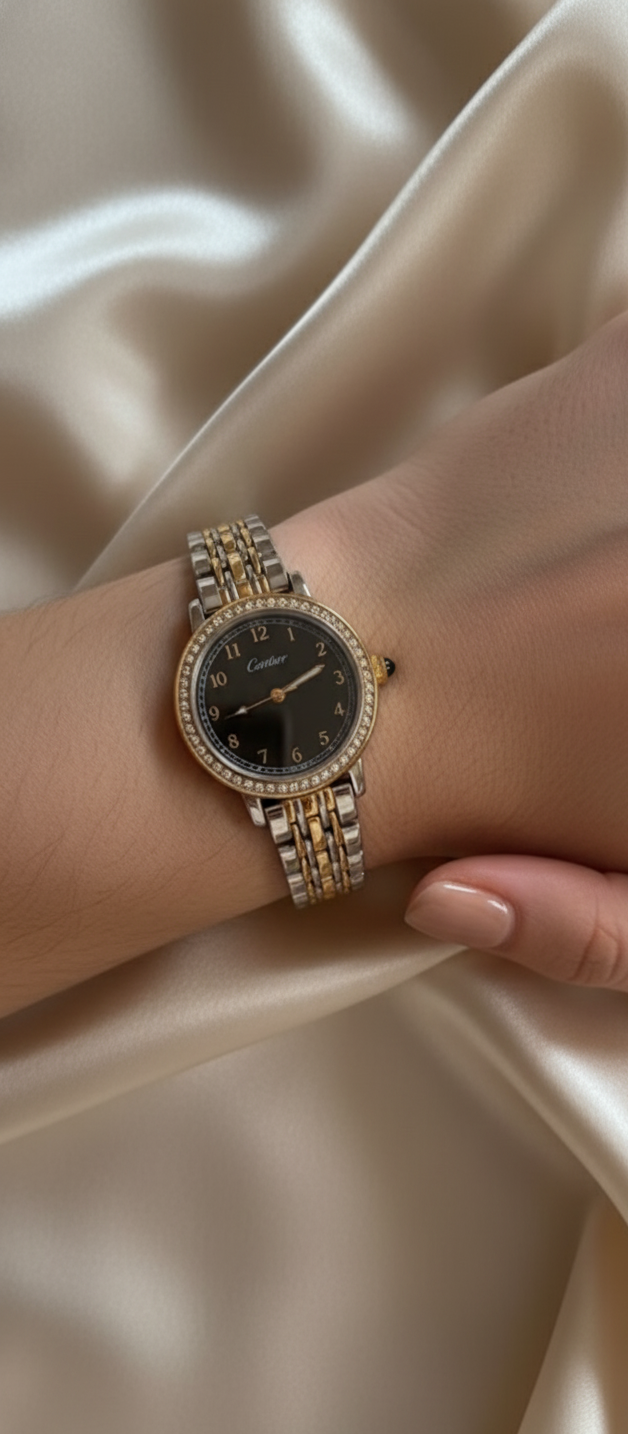 Montre bicolore style Cartier – cadran noir & strass – Acier inoxydable