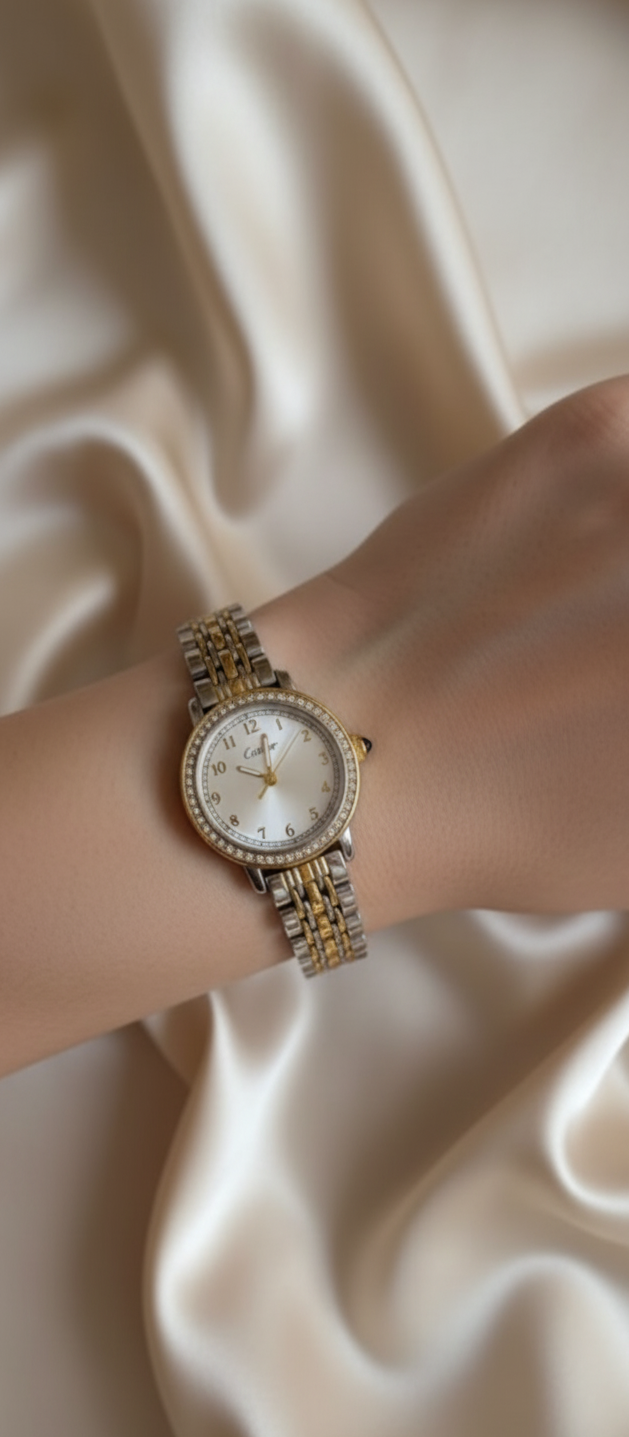 Montre bicolore style Cartier – cadran blanc & strass – Acier inoxydable