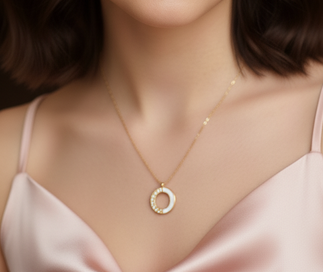 Collier doré – pendentif cercle nacre & strass – AG