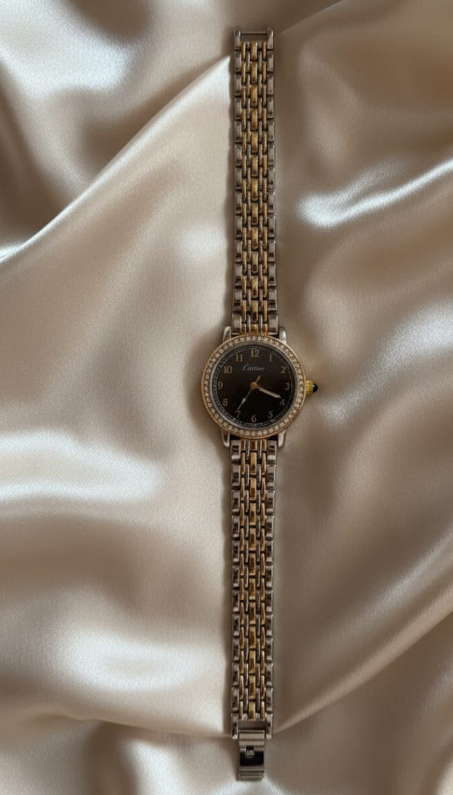 Montre bicolore style Cartier – cadran noir & strass – Acier inoxydable