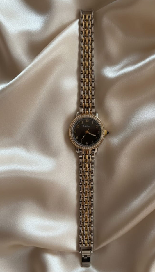 Montre bicolore style Cartier – cadran noir & strass – Acier inoxydable