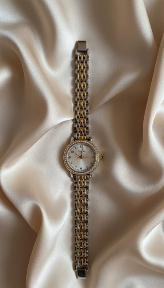 Montre bicolore style Cartier – cadran blanc & strass – Acier inoxydable