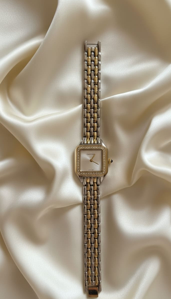 Montre bicolore style Cartier – Cadran carré strass – Acier inoxydable